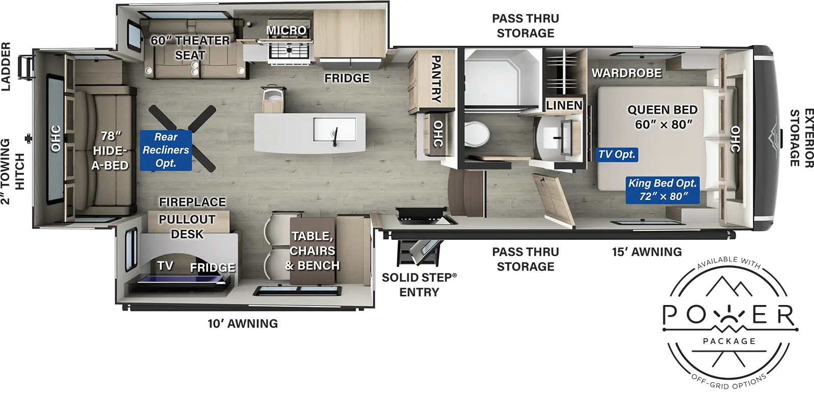 The Flagstaff Classic Fifth Wheels F331RL floorplan has one entry and two slide outs. Exterior features include: fiberglass exterior and 10' & 15' awning. Interiors features include: kitchen island, front bedroom and rear living.